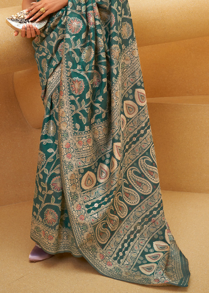 Pine Green Lucknowi Chikankari Weaving Silk Saree Clothsvilla