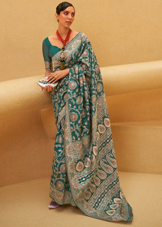 Pine Green Lucknowi Chikankari Weaving Silk Saree Clothsvilla