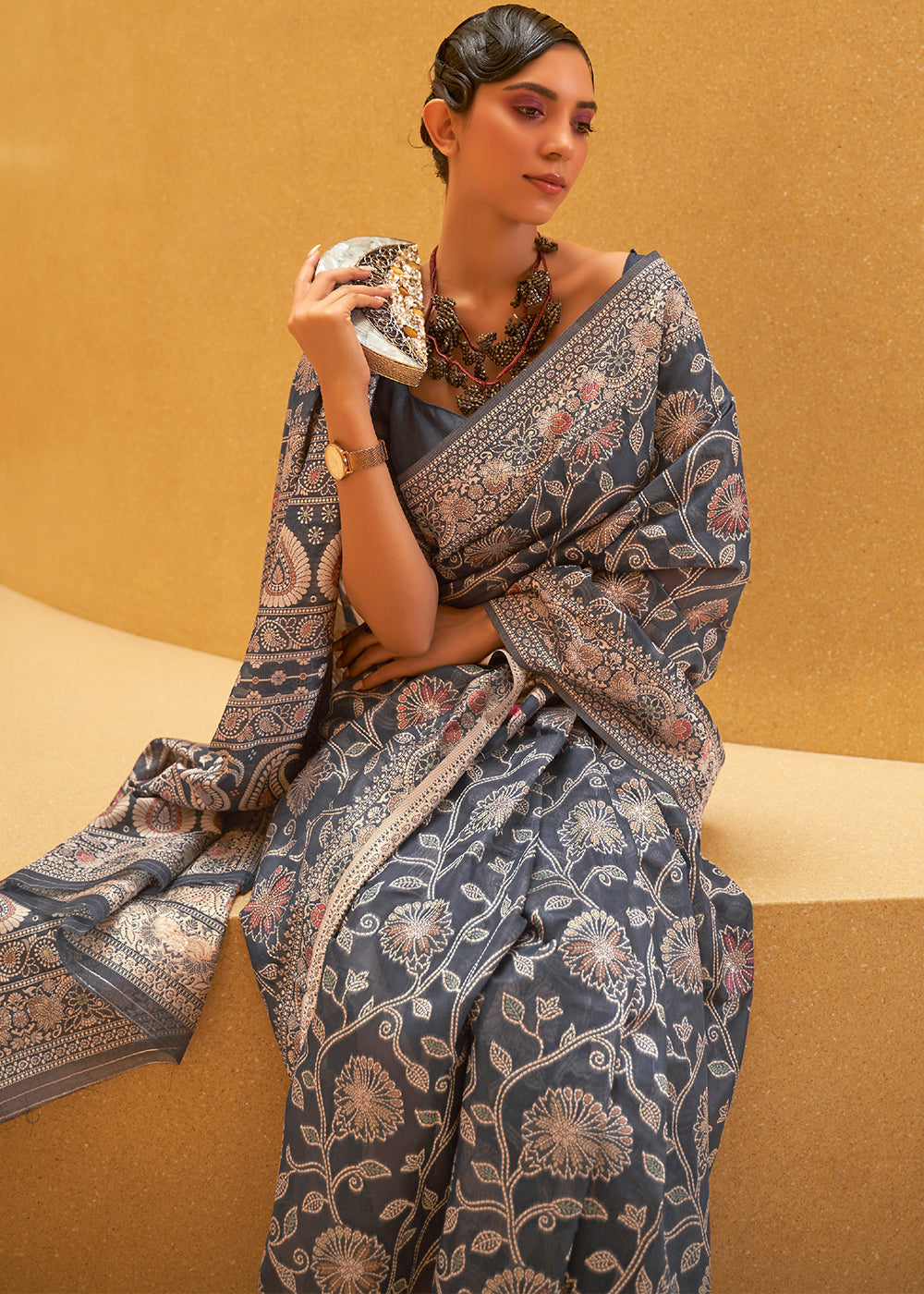 Iron Grey Lucknowi Chikankari Weaving Silk Saree Clothsvilla