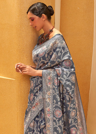 Iron Grey Lucknowi Chikankari Weaving Silk Saree Clothsvilla