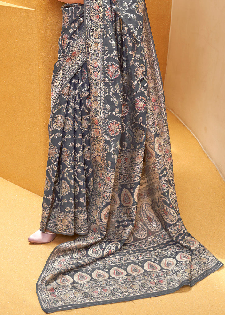 Iron Grey Lucknowi Chikankari Weaving Silk Saree Clothsvilla