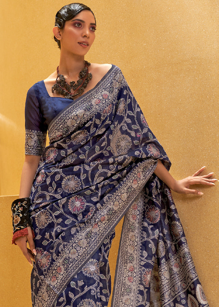 Berry Blue Lucknowi Chikankari Weaving Silk Saree Clothsvilla