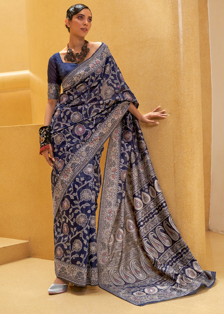 Berry Blue Lucknowi Chikankari Weaving Silk Saree Clothsvilla