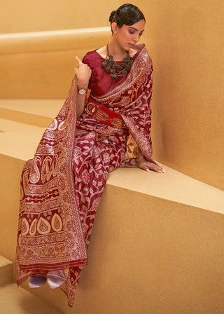 Crimson Red Lucknowi Chikankari Weaving Silk Saree Clothsvilla