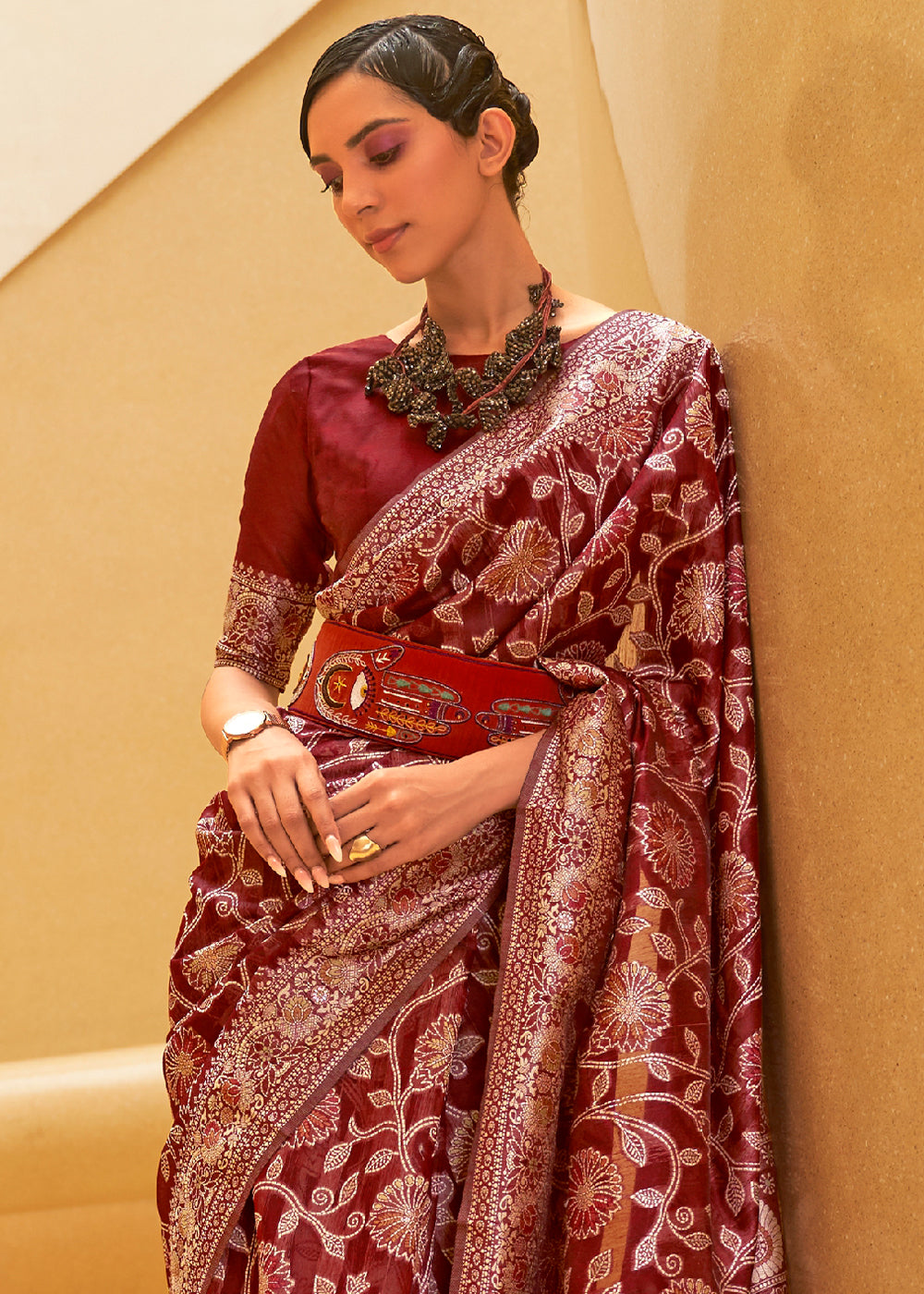 Crimson Red Lucknowi Chikankari Weaving Silk Saree Clothsvilla