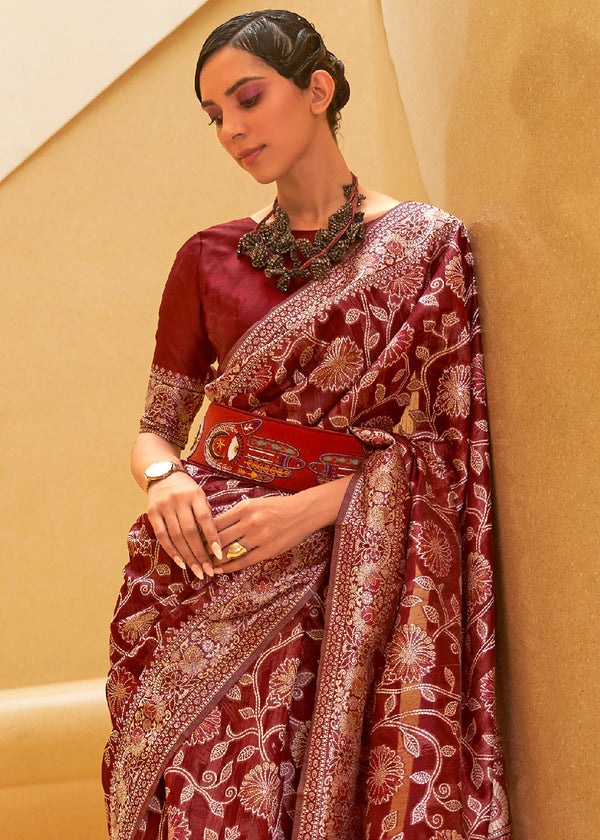 Crimson Red Lucknowi Chikankari Weaving Silk Saree Clothsvilla