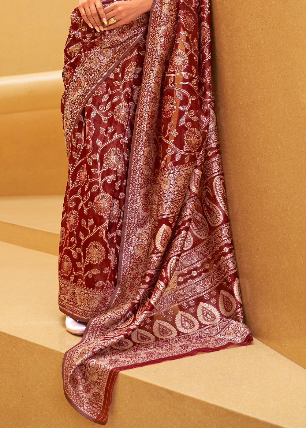 Crimson Red Lucknowi Chikankari Weaving Silk Saree Clothsvilla