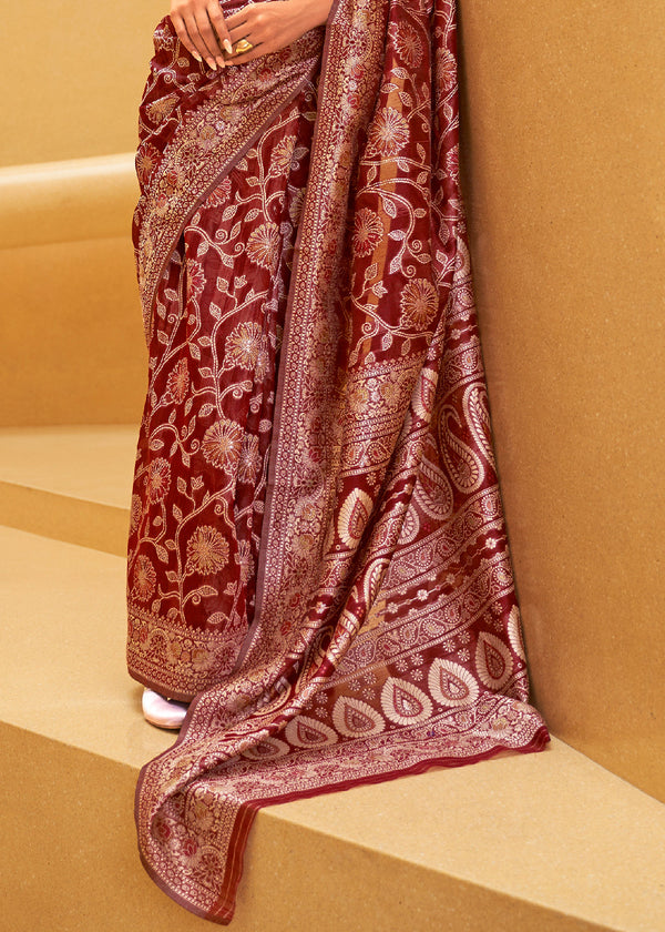 Crimson Red Lucknowi Chikankari Weaving Silk Saree Clothsvilla