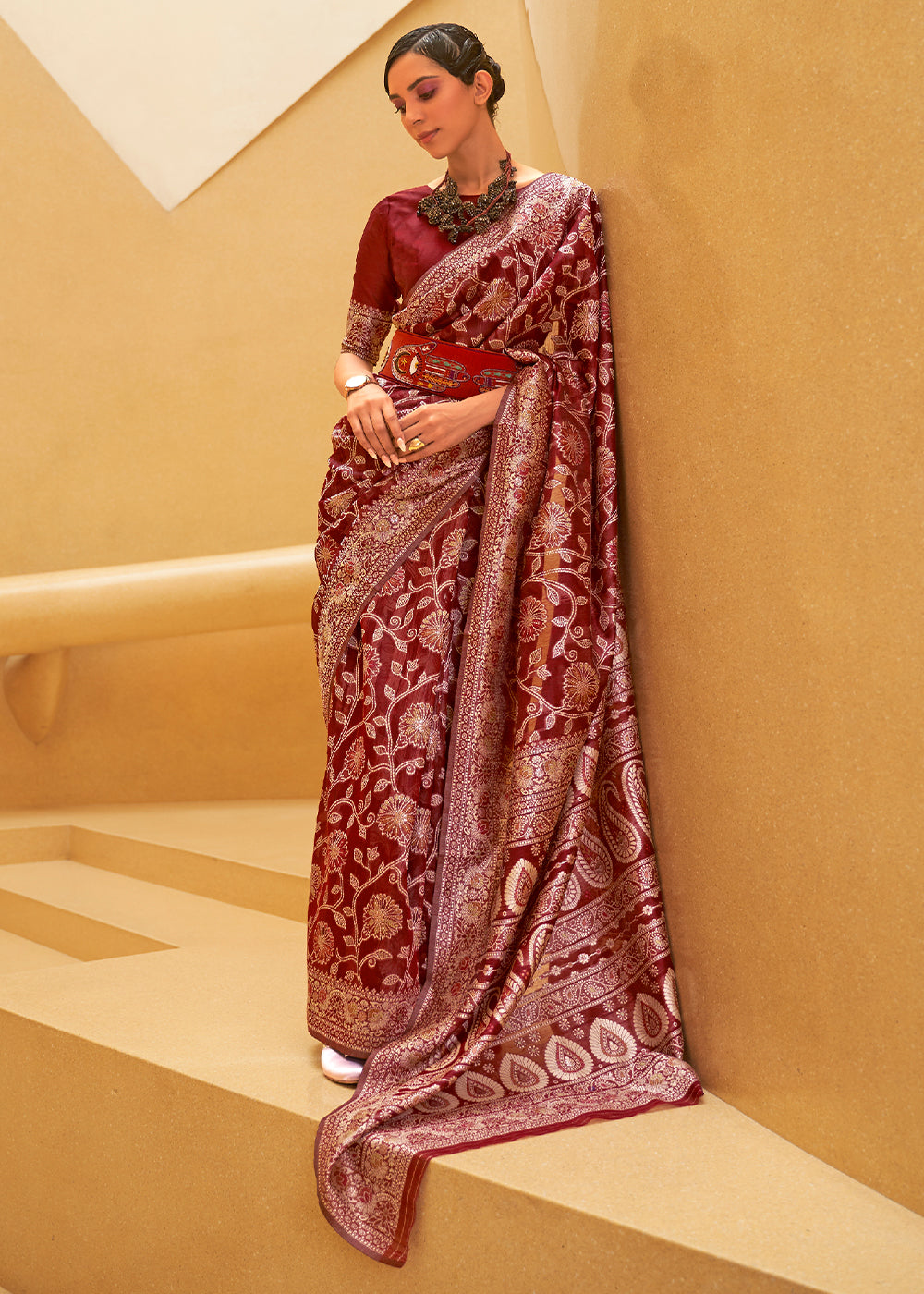 Crimson Red Lucknowi Chikankari Weaving Silk Saree Clothsvilla Main image