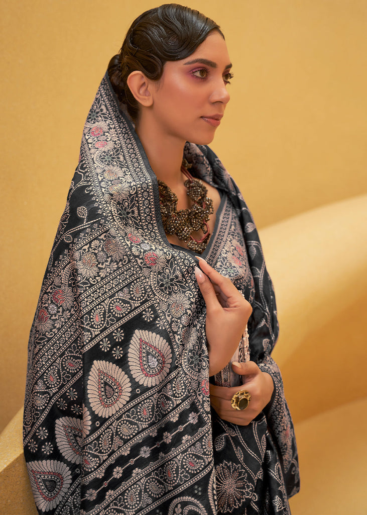 Soot Black Lucknowi Chikankari Weaving Silk Saree Clothsvilla