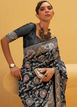 Load image into Gallery viewer, Soot Black Lucknowi Chikankari Weaving Silk Saree Clothsvilla