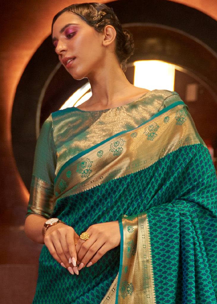 Dark Cyan Green Handloom Woven Banarasi Silk Saree Clothsvilla