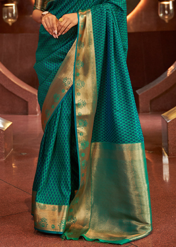 Dark Cyan Green Handloom Woven Banarasi Silk Saree Clothsvilla