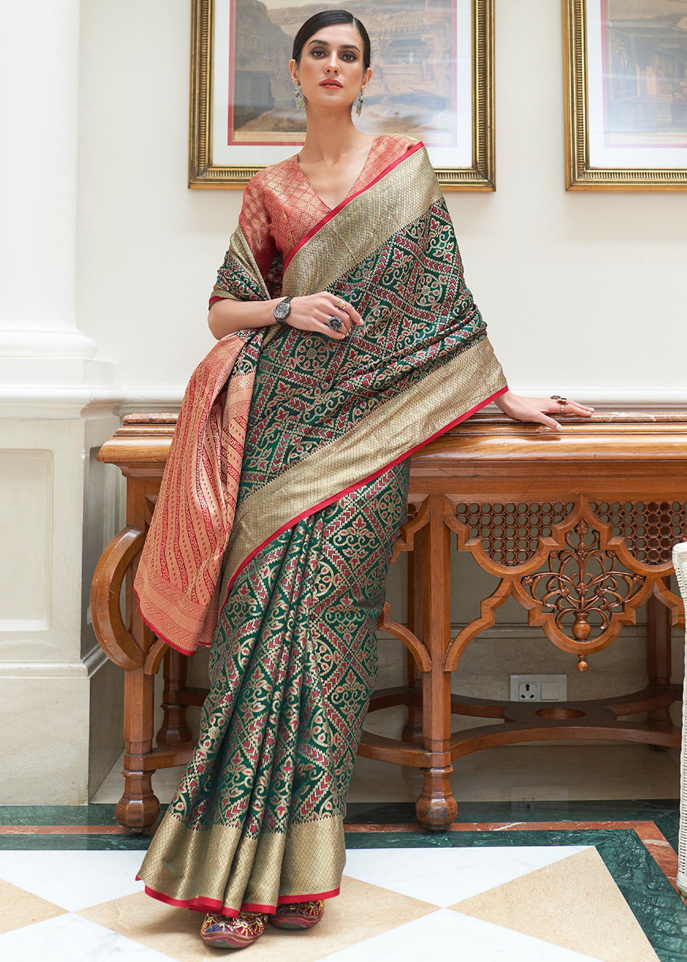Dark Green Zari Woven Patola Silk Saree Clothsvilla