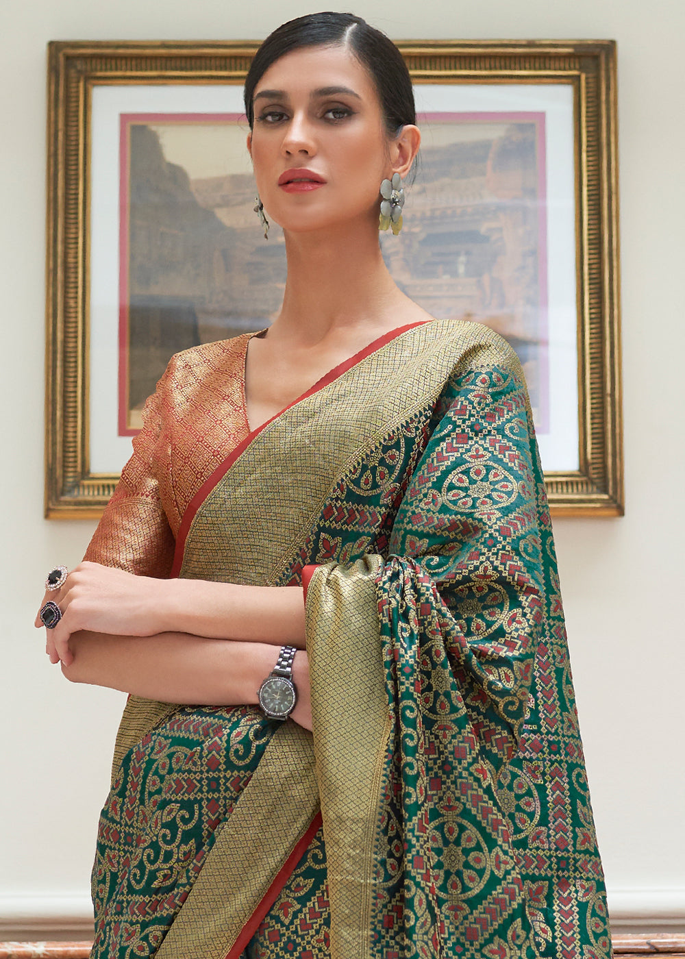 Dark Green Zari Woven Patola Silk Saree Clothsvilla
