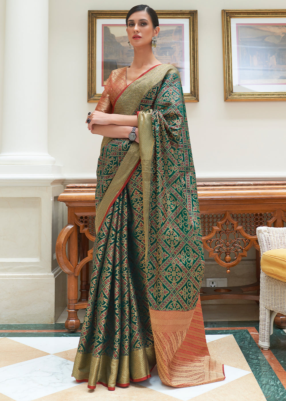 Dark Green Zari Woven Patola Silk Saree Clothsvilla