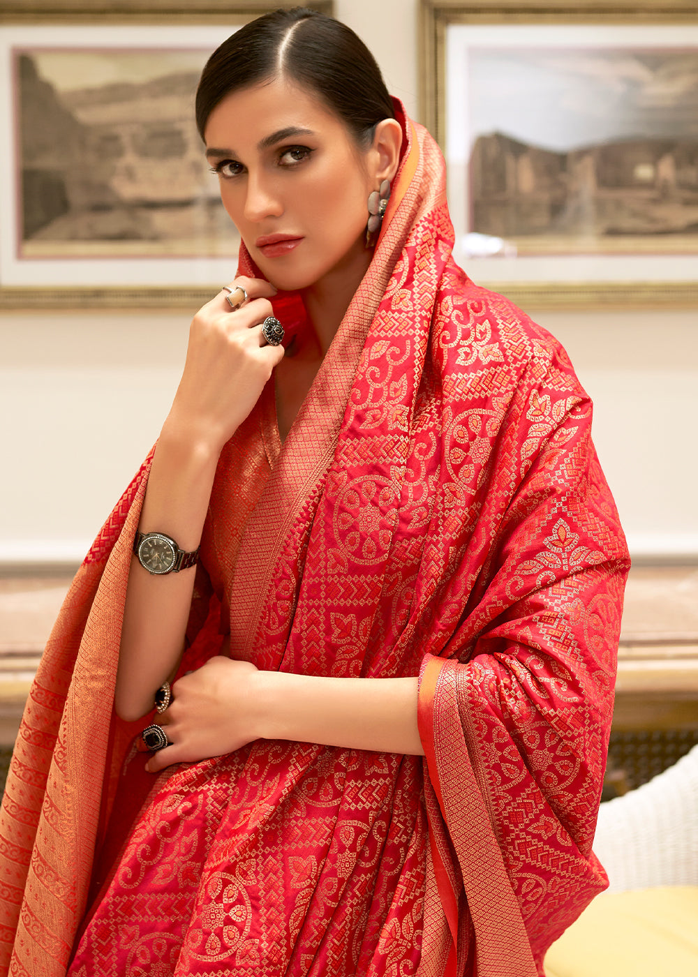 Candy Red Zari Woven Patola Silk Saree Clothsvilla