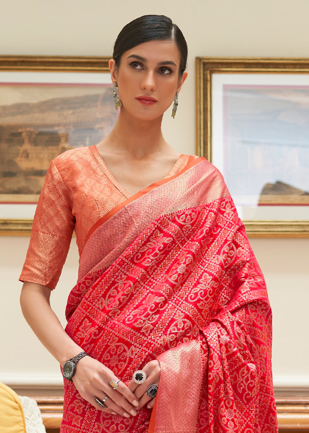 Candy Red Zari Woven Patola Silk Saree Clothsvilla