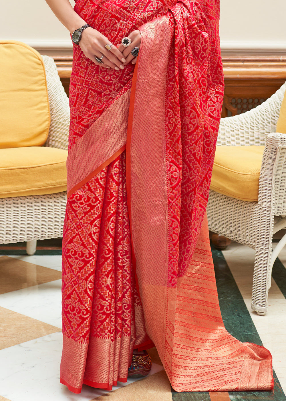 Candy Red Zari Woven Patola Silk Saree Clothsvilla