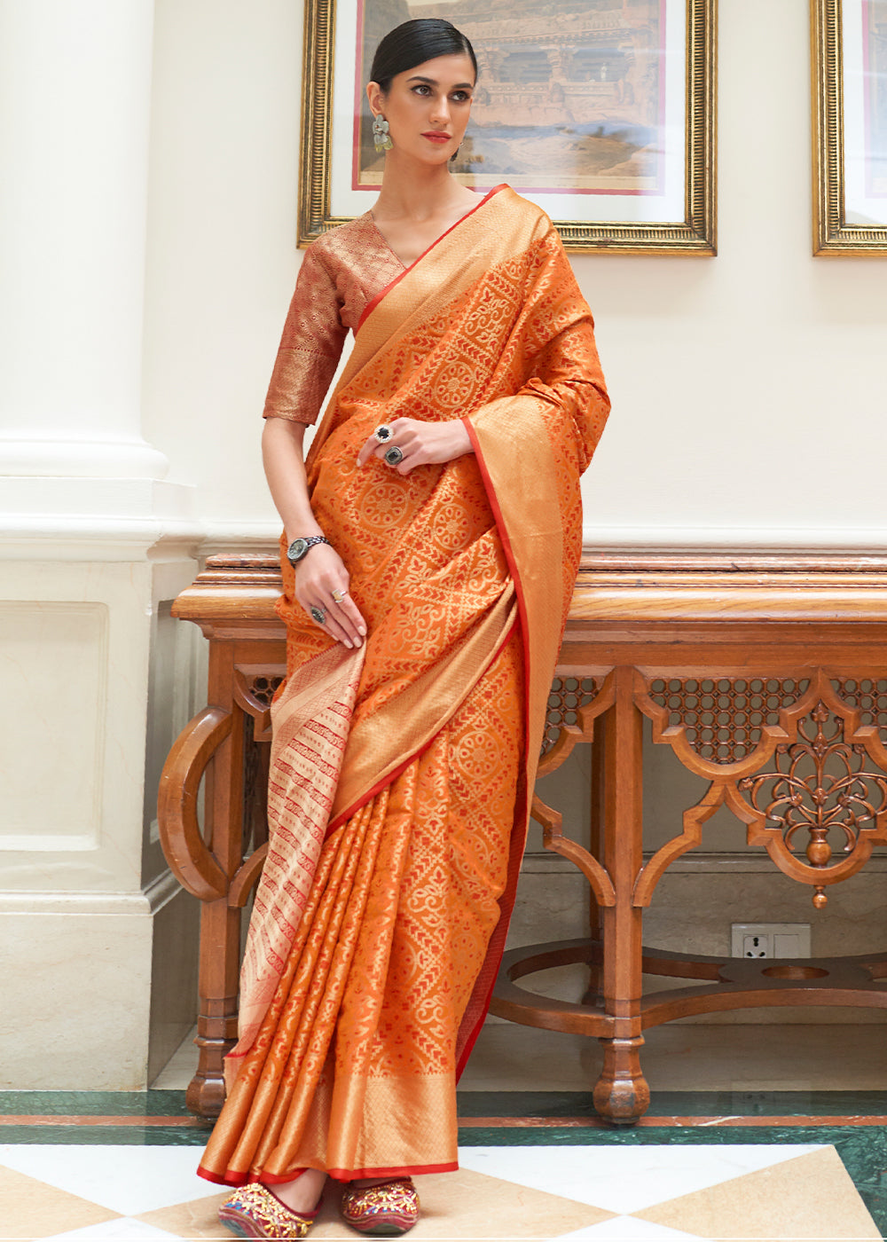 Carrot Orange Zari Woven Patola Silk Saree Clothsvilla