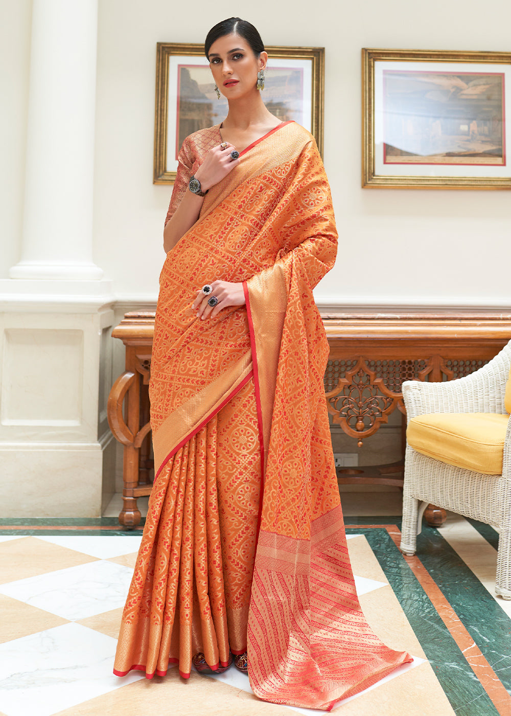 Carrot Orange Zari Woven Patola Silk Saree Clothsvilla