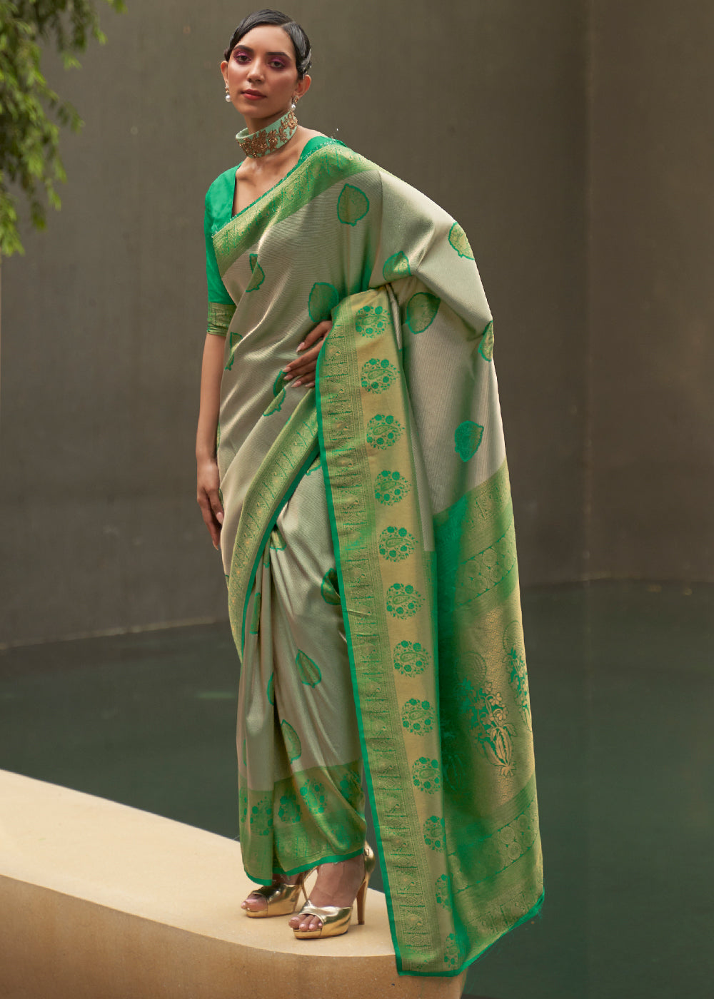 Green & Grey Two Tone Woven Silk Saree Clothsvilla Main image