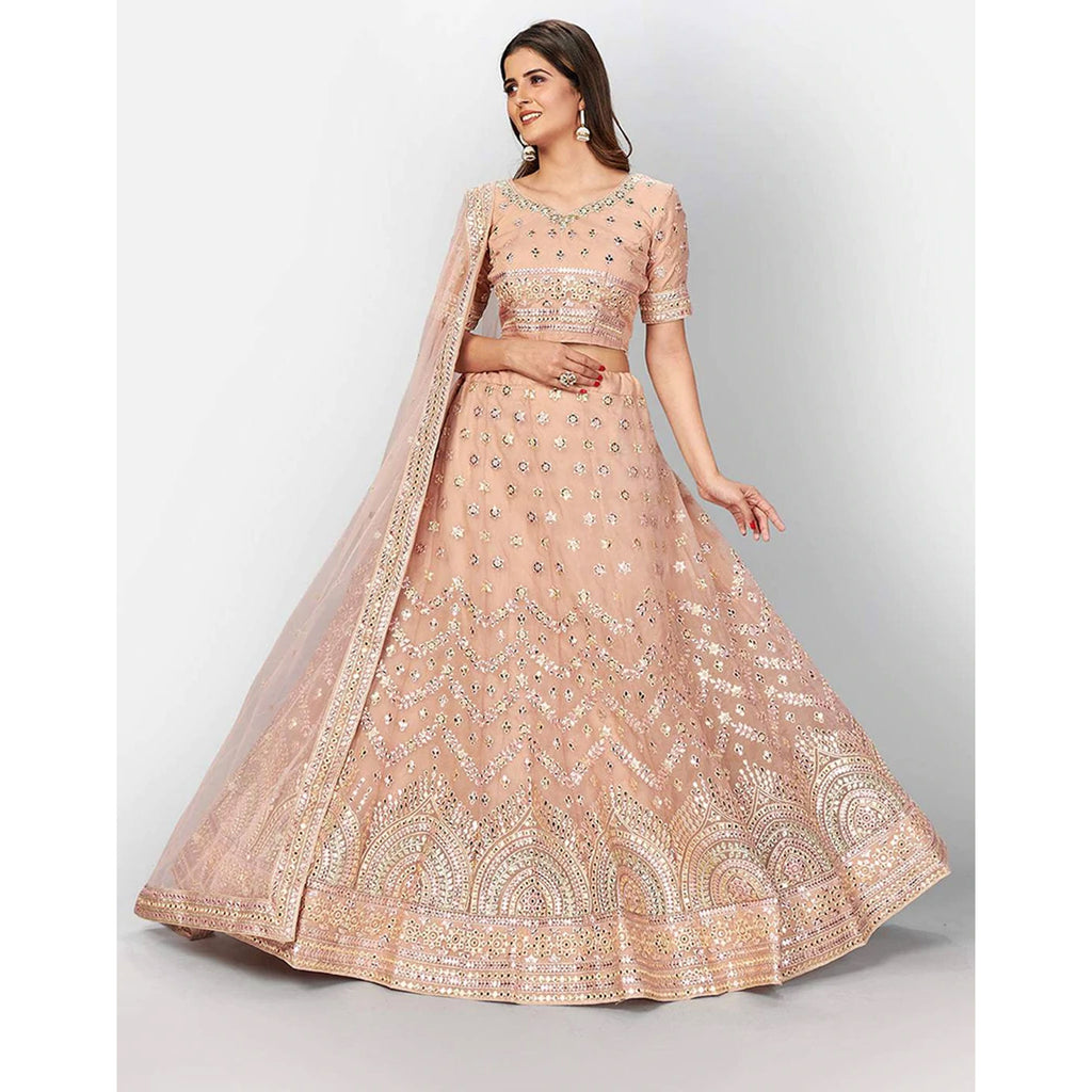 Peach Thread and Foil Mirror Cutwork Lehenga choli ClothsVilla