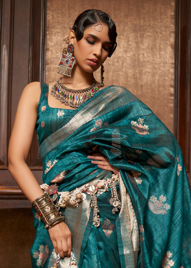 Pacific Ocean Blue Handloom Weaving Silk Saree Clothsvilla