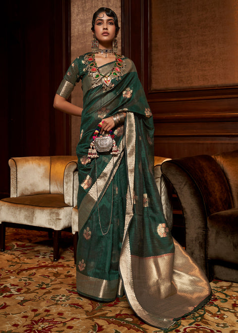 Deep Forest Green Handloom Weaving Silk Saree Clothsvilla Main image