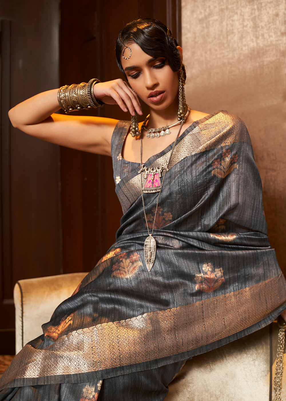 Anchor Grey Handloom Weaving Silk Saree Clothsvilla