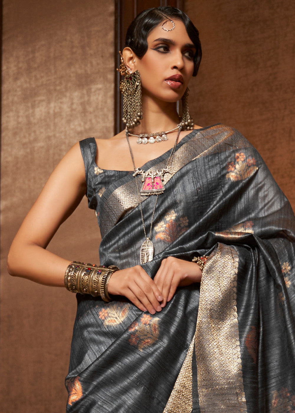 Anchor Grey Handloom Weaving Silk Saree Clothsvilla
