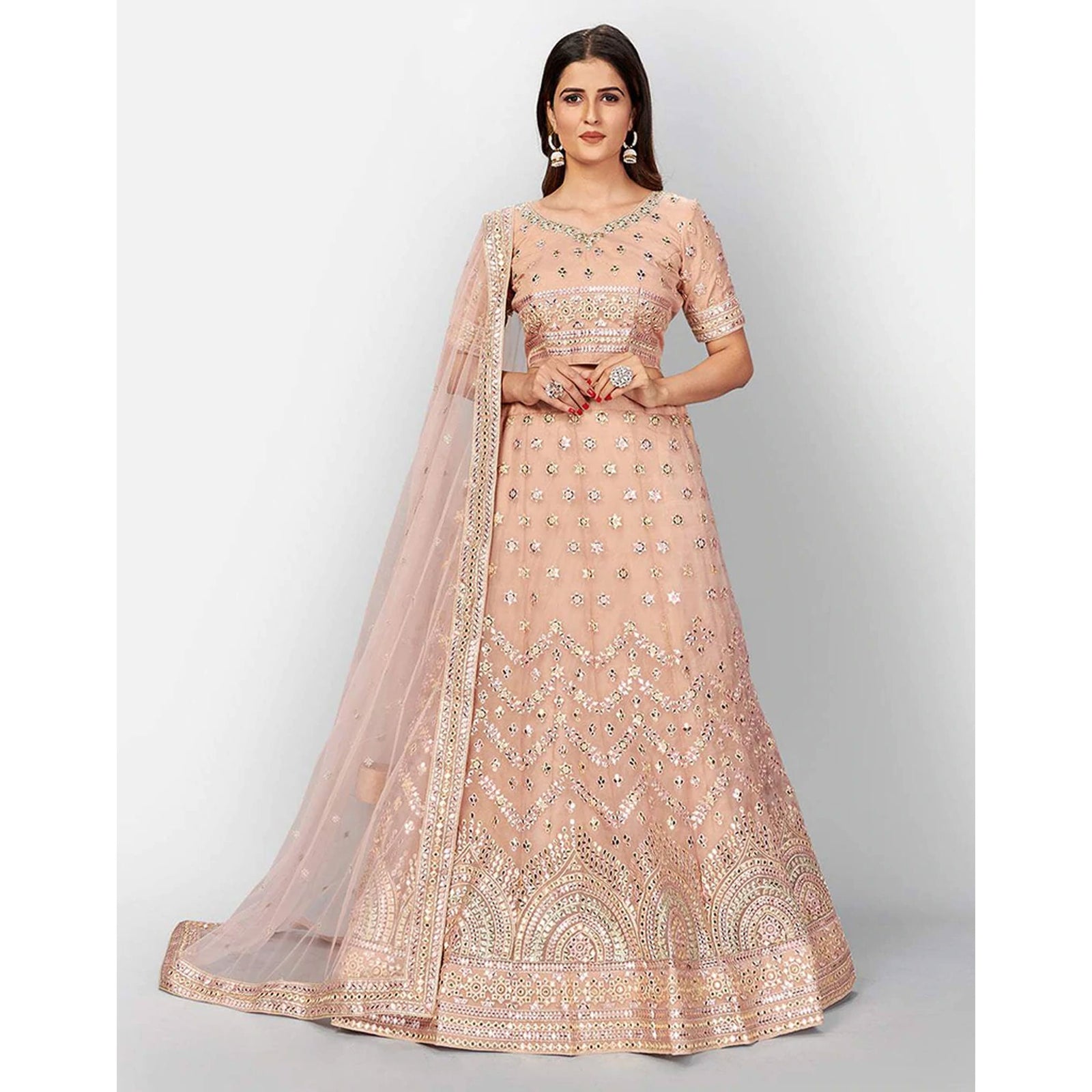 Peach Thread and Foil Mirror Cutwork Lehenga choli ClothsVilla