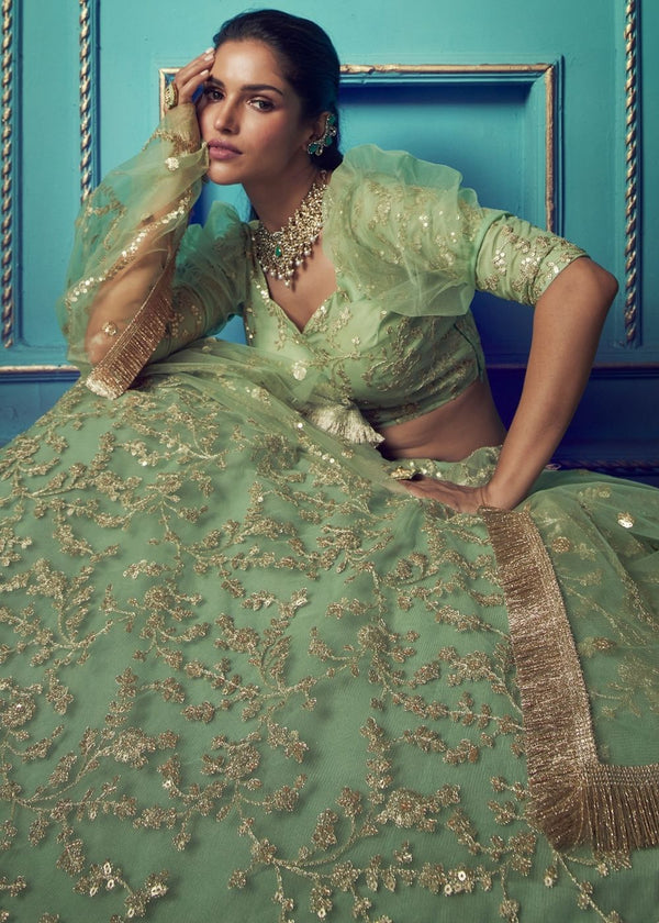 Mint Green Designer Soft Net Lehenga Choli with Ruffles and Sequin, Dori work Clothsvilla