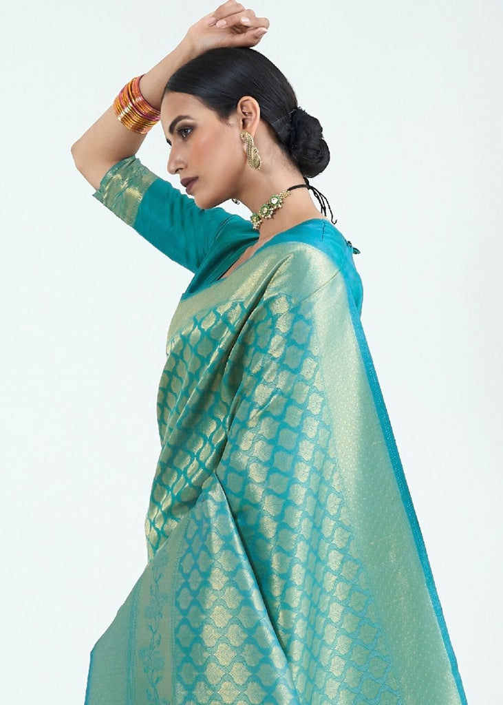 Buy Turquoise Blue Kanjivaram Silk Saree At 15% Discount