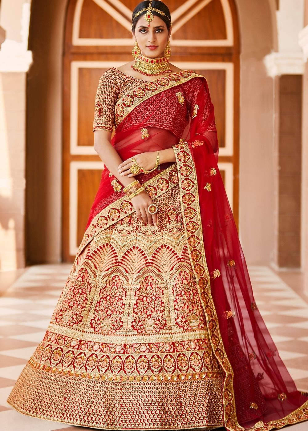 Crimson Red Velvet  Bridal Lehenga Choli with Embroidery & Hand work Clothsvilla