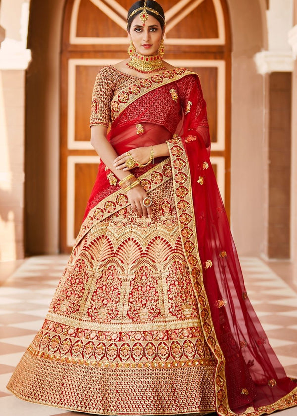 Crimson Red Velvet  Bridal Lehenga Choli with Embroidery & Hand work Clothsvilla