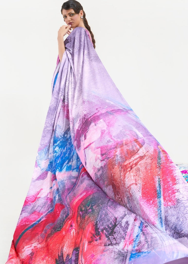 Periwinkle Purple Digital Printed Satin Crepe Saree Clothsvilla