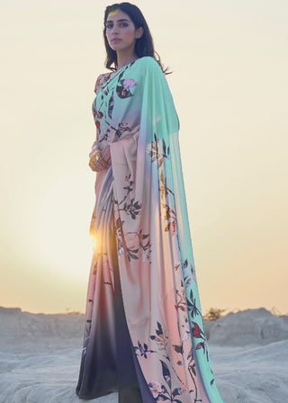 Arctic Blue and Pink Digital Printed Crepe Silk Saree Clothsvilla
