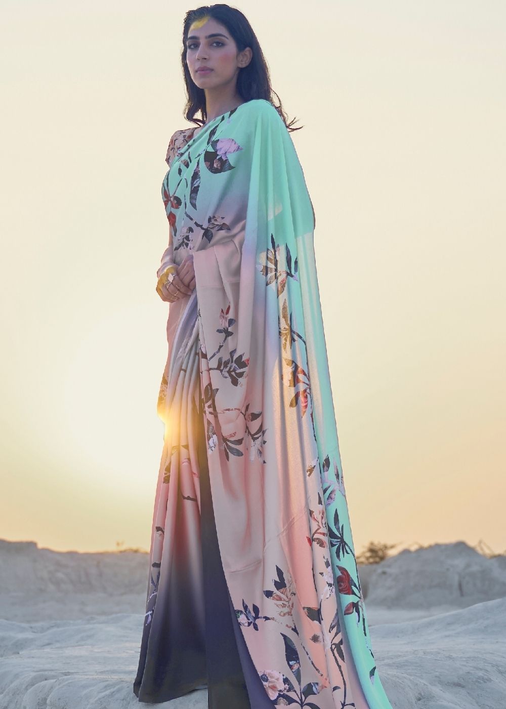 Arctic Blue and Pink Digital Printed Crepe Silk Saree Clothsvilla