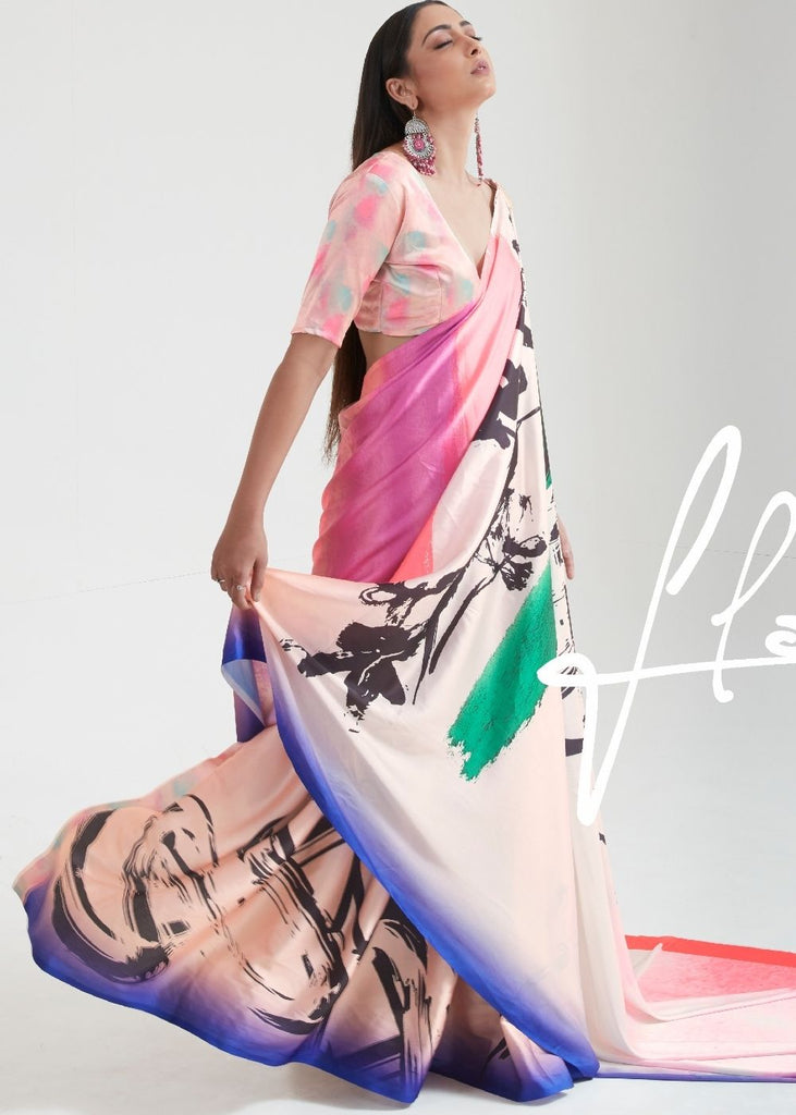 Baby Pink Satin Silk Digital Printed Saree Clothsvilla