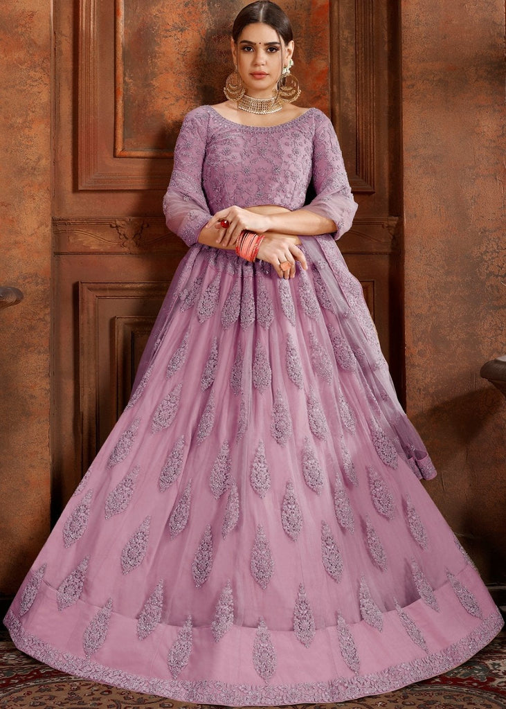 Orchid Purple Soft Net Lehenga Choli with Thread, Zarkan & Pearl work Clothsvilla