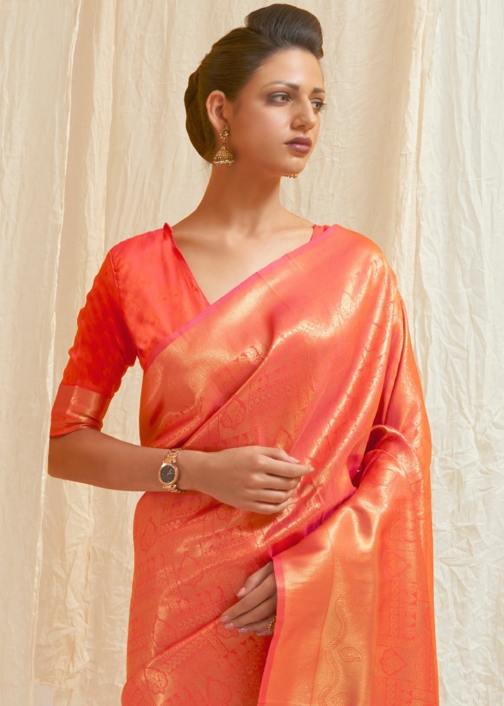 Salmon Orange & Golden Blend Kanjivaram Silk Saree Secondary image