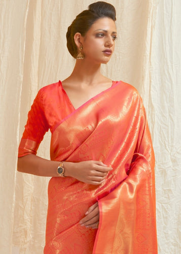 Salmon Orange & Golden Blend Kanjivaram Silk Saree Clothsvilla