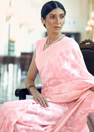 Baby Pink Lucknowi Chikankari Weaving Silk Saree Clothsvilla