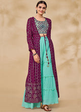 Load image into Gallery viewer, Wine And Blue Embroidered Jacket Style Palazzo Suit Clothsvilla