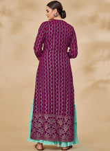 Load image into Gallery viewer, Wine And Blue Embroidered Jacket Style Palazzo Suit Clothsvilla