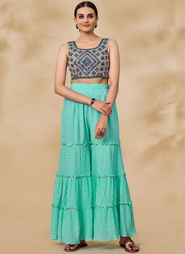 Wine And Blue Embroidered Jacket Style Palazzo Suit Clothsvilla