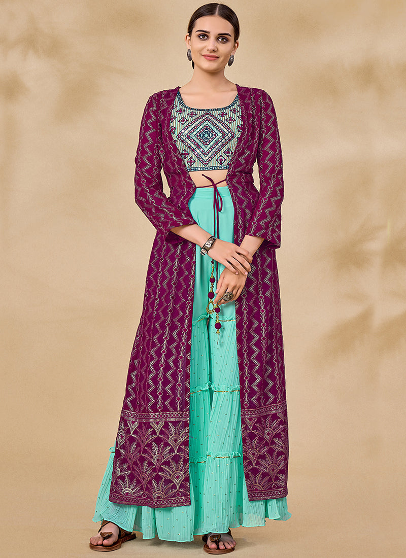 Wine And Blue Embroidered Jacket Style Palazzo Suit Clothsvilla Main image