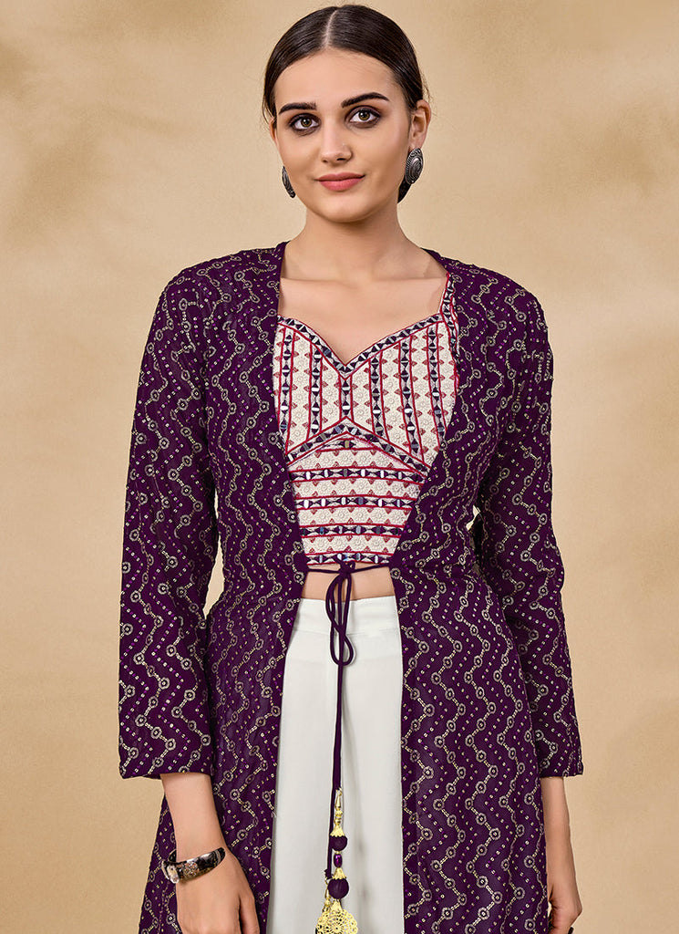 Purple And White Embroidered Jacket Style Palazzo Suit Clothsvilla