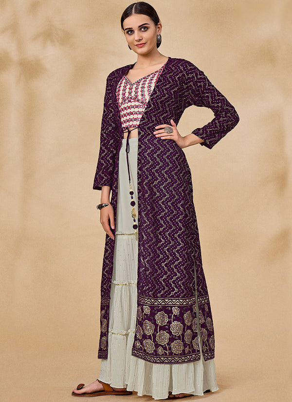 Purple And White Embroidered Jacket Style Palazzo Suit Clothsvilla